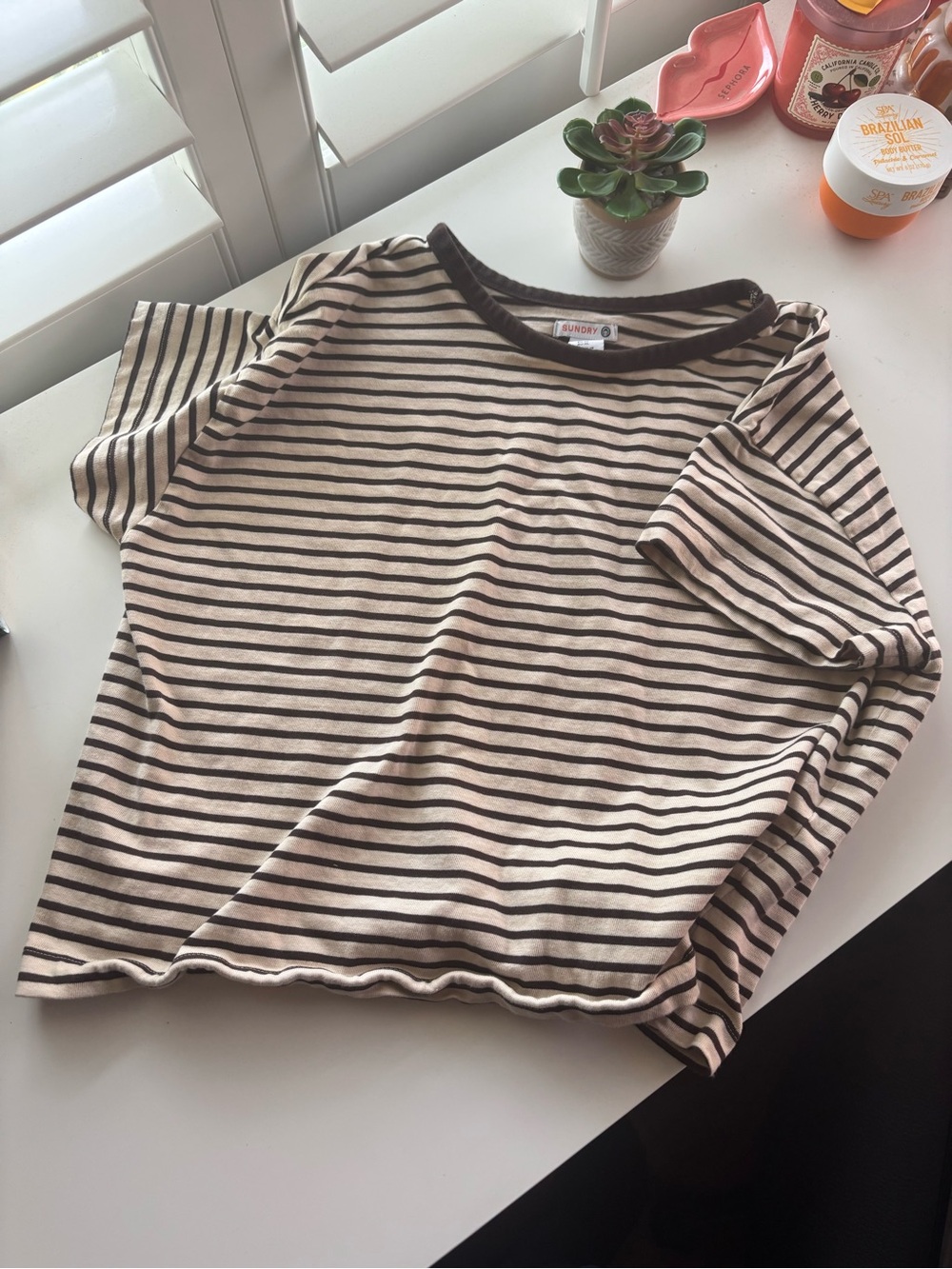 Sundry Oatmeal and Brown Striped Cotton Tee XL